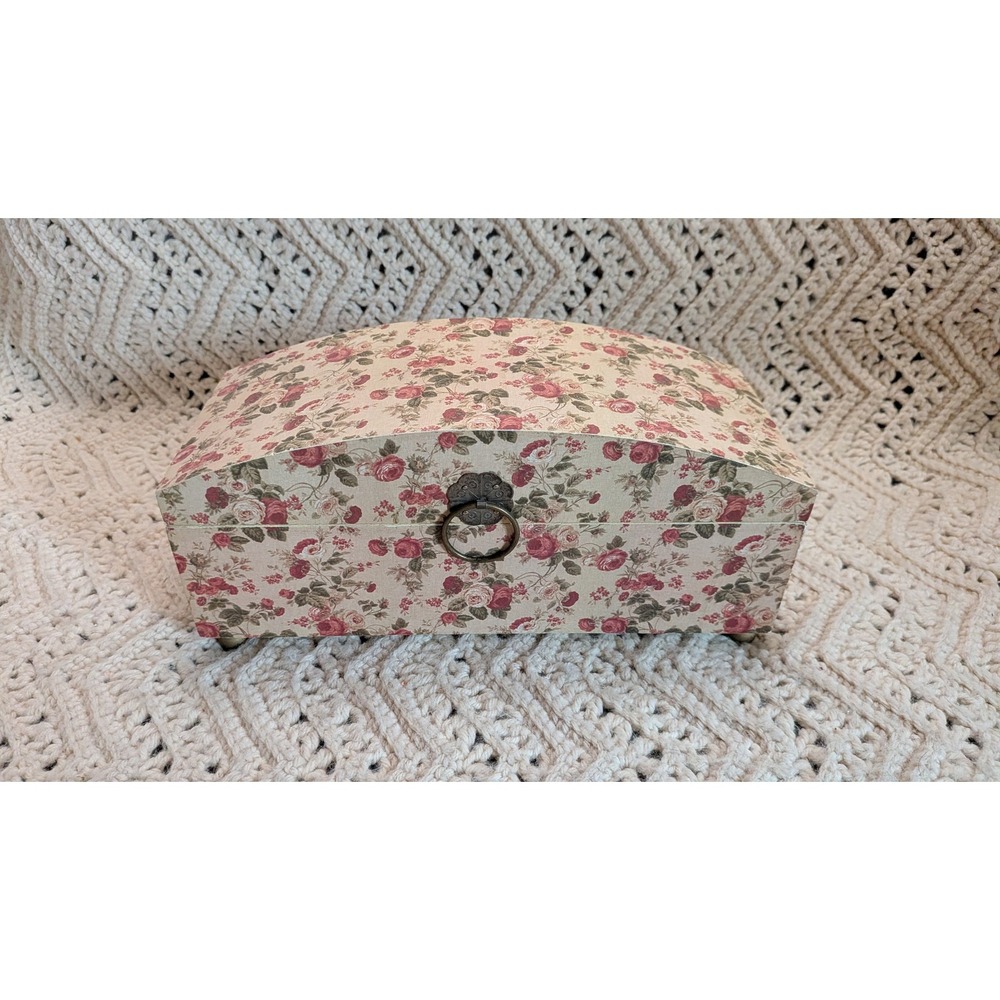 Vintage Floral Wooden Keepsake Box Domed Lid Brass Ring Pull Cottagecore Chest